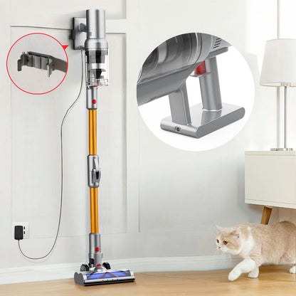 Bytech Cordless Vacuum Cleaner with attachments on a wooden floor, cat nearby