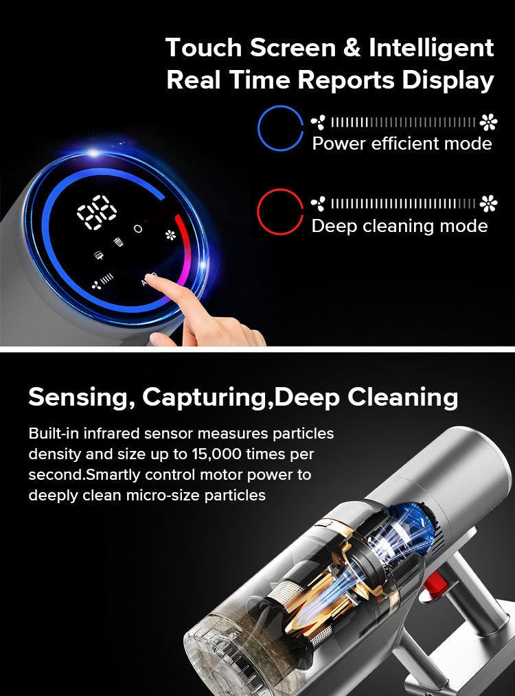 Digital display with touch screen and text about power efficient and deep cleaning modes, along with a close-up of a cleaning Bytech Cordless Vacuum Cleaner