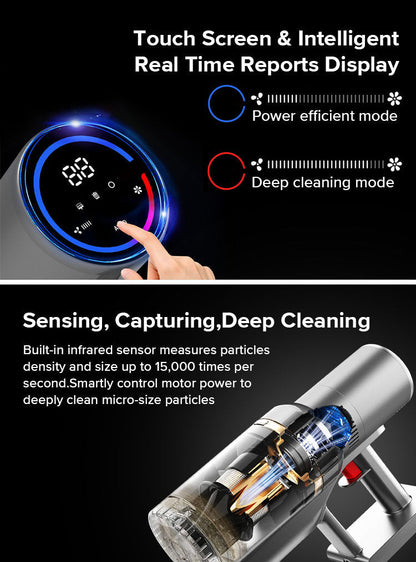 Digital display with touch screen and text about power efficient and deep cleaning modes, along with a close-up of a cleaning Bytech Cordless Vacuum Cleaner
