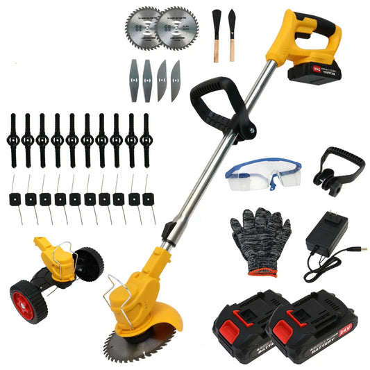 Bytech Cordless Weed Eater set with attachments and accessories on a white background