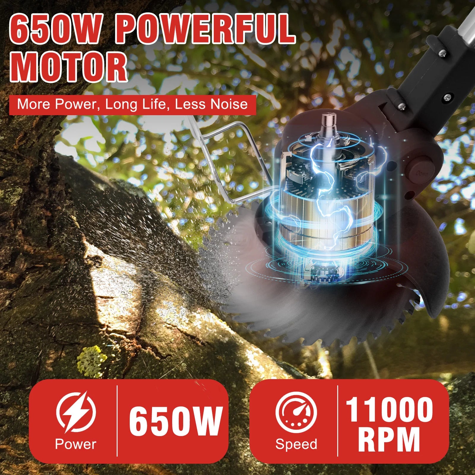 650W powerful Bytech Cordless Weed Eater with tree cutting action in the background