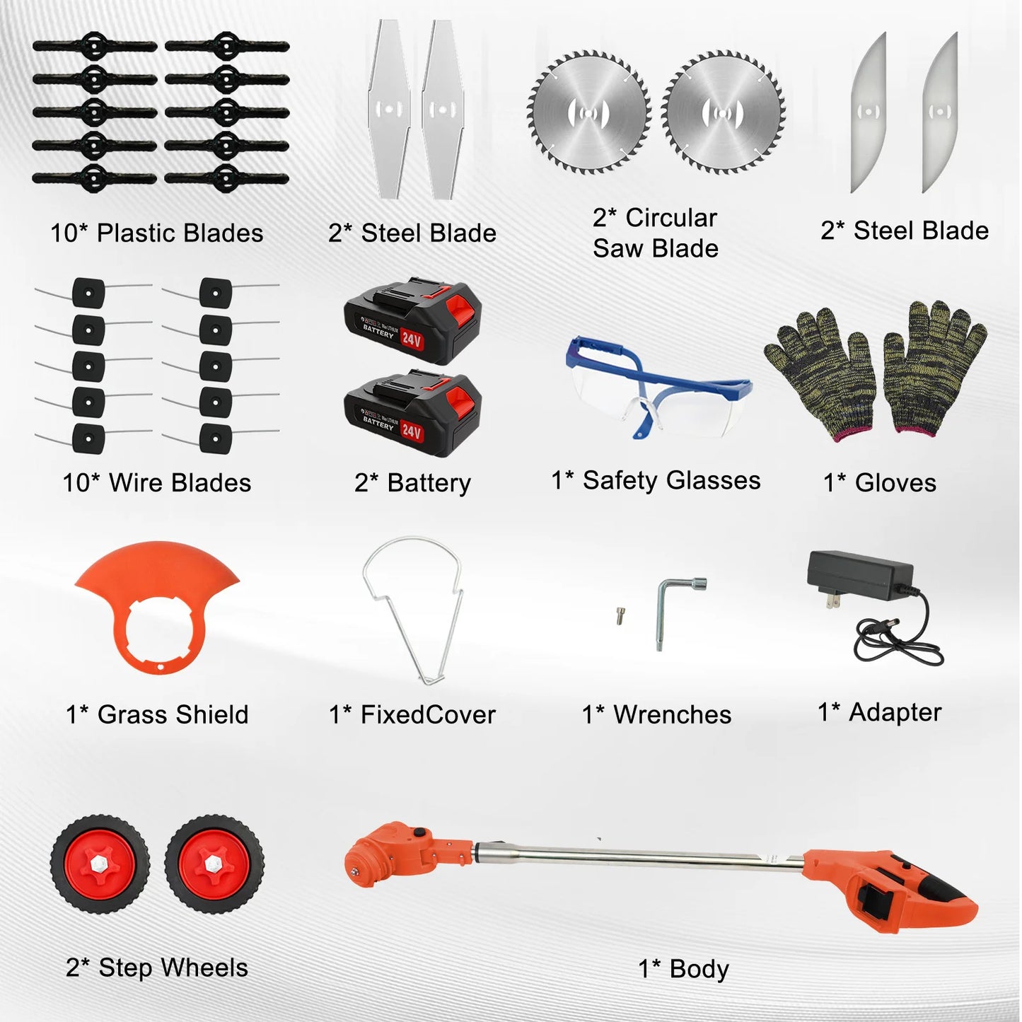 List of Bytech Cordless Weed Eater and accessories with corresponding icons on a white background