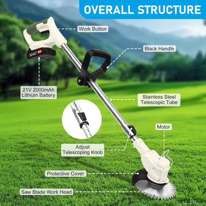 Bytech Cordless Weed Eater with labeled parts on a grassy background