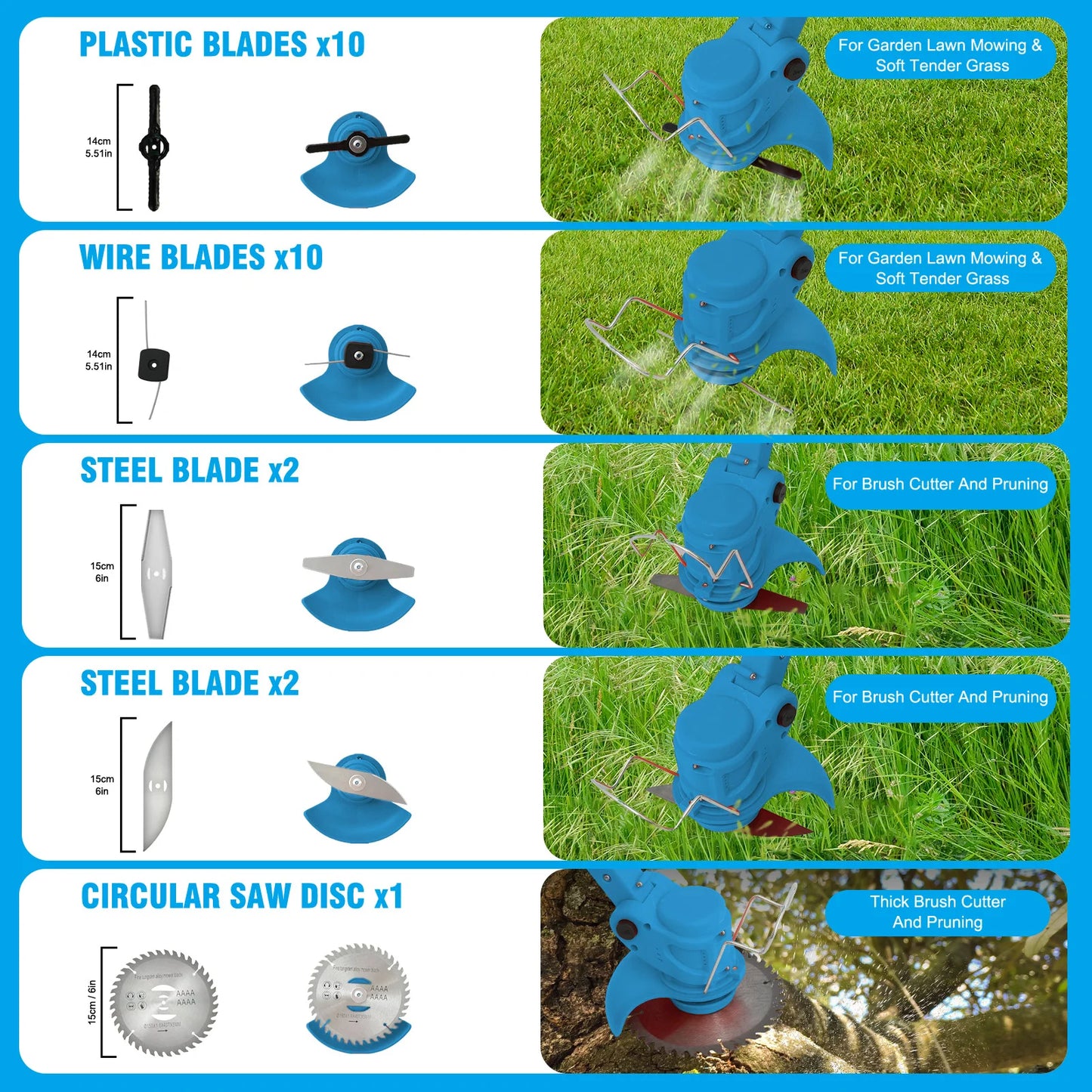 Bytech Cordless Weed Eater with different blades and their uses on a green grass background