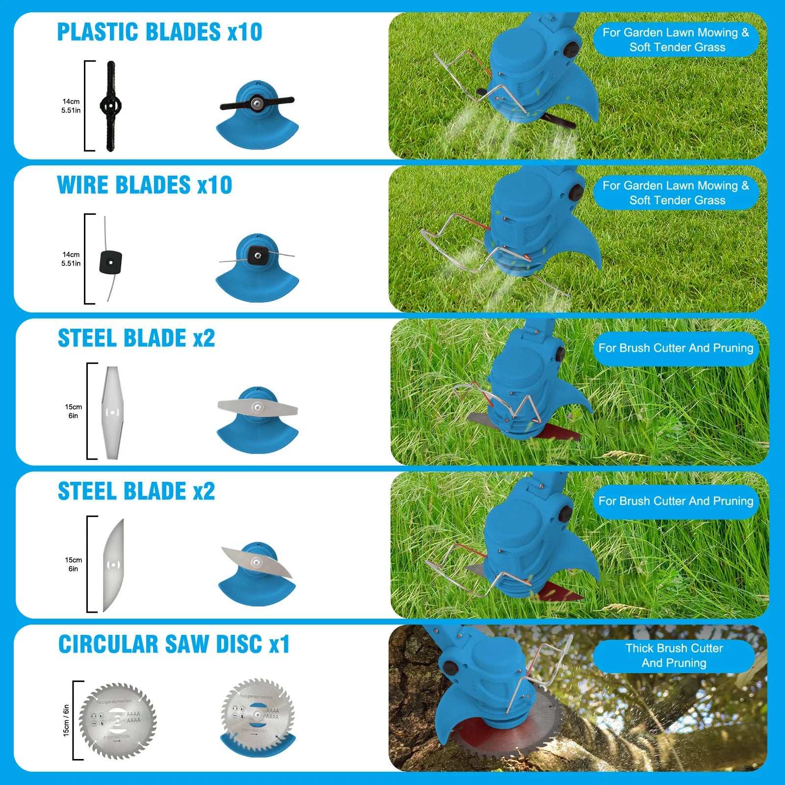Bytech Cordless Weed Eater with different blades and their uses on a green grass background