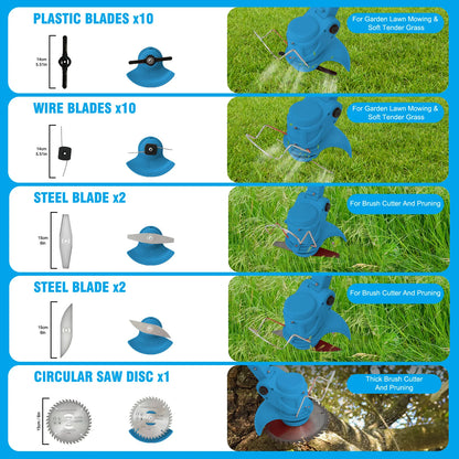 Bytech Cordless Weed Eater with different blades and their uses on a green grass background
