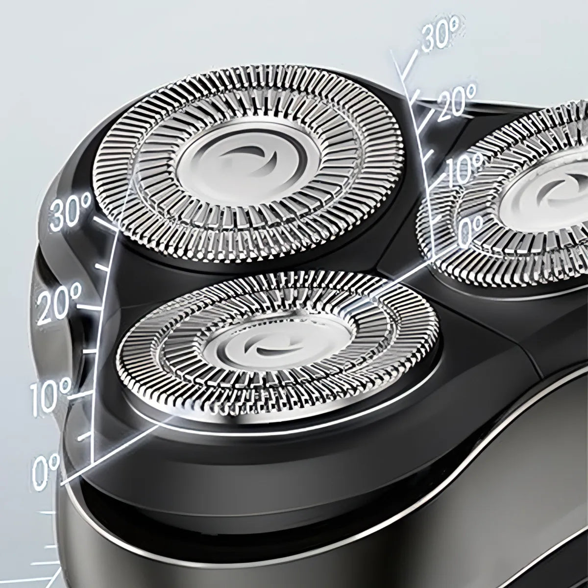 Close-up of a three-head electric Bytech Electric Shaver with adjustable angles on a light gray background