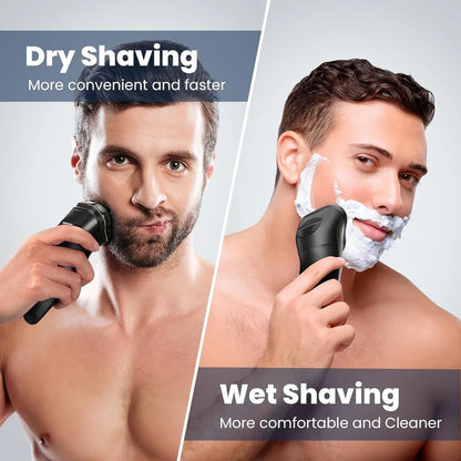 Two men using Bytech Electric Shaver for dry and wet shaving, with text indicating benefits.