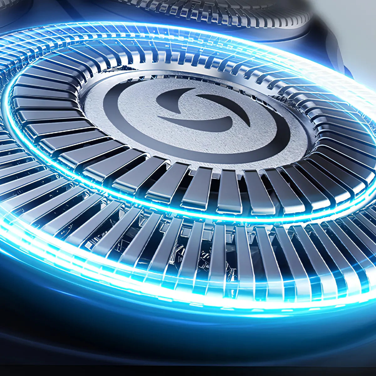 Close-up of a futuristic circular Bytech Electric Shaver with blue lighting