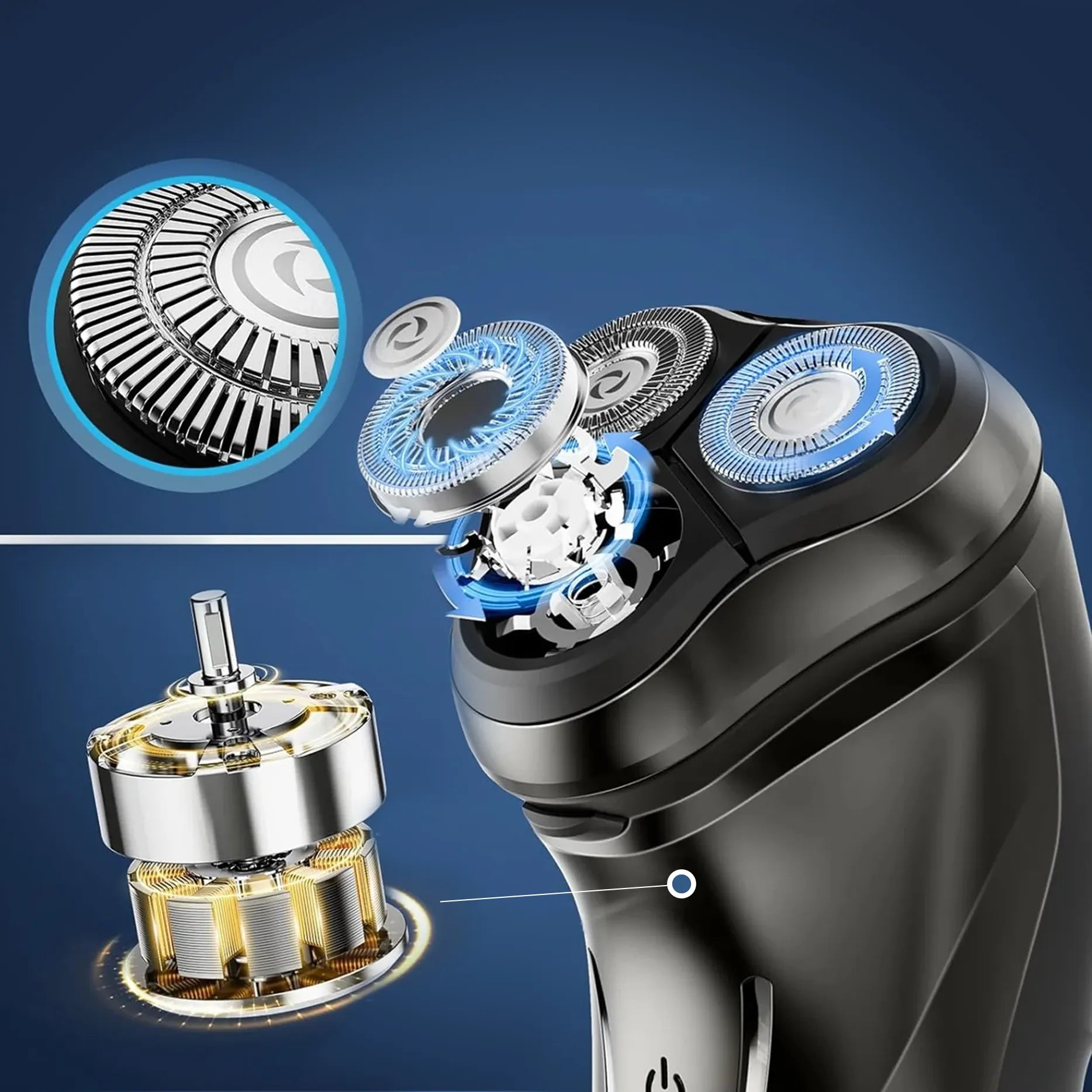 Bytech Electric Shaver with close-up details on a blue background