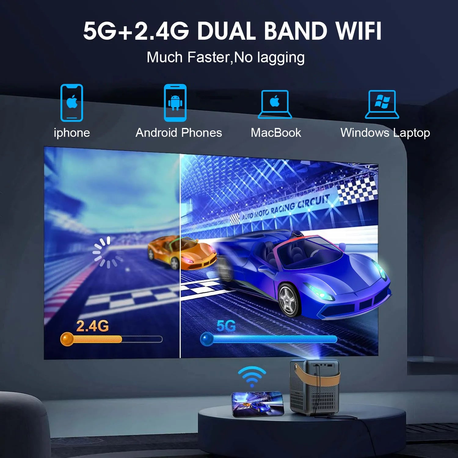 Television screen displaying a racing game with 5G and 2.4G connectivity on a dark background through Bytech Full HD Portable Smart Projector