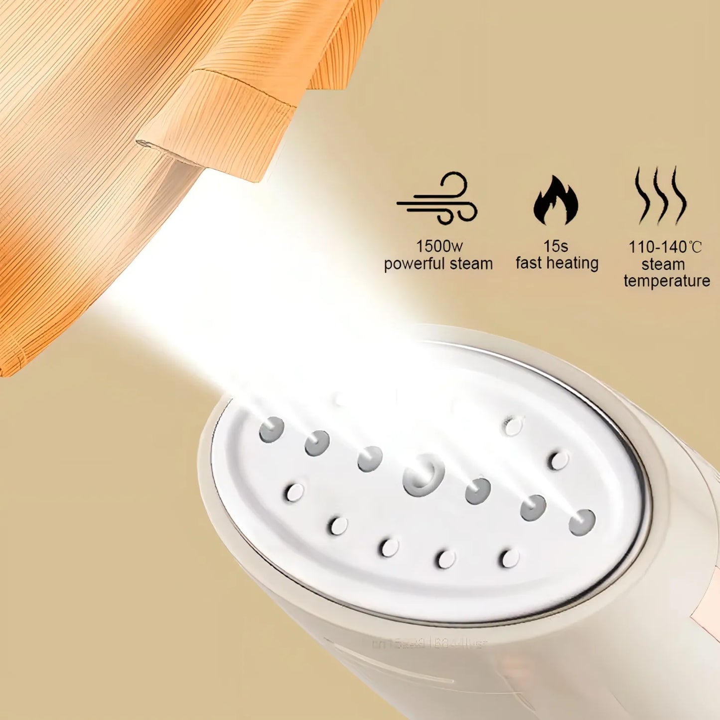 Close-up of a Bytech Garment Steamer generator with steam and heat icons and text on a beige background