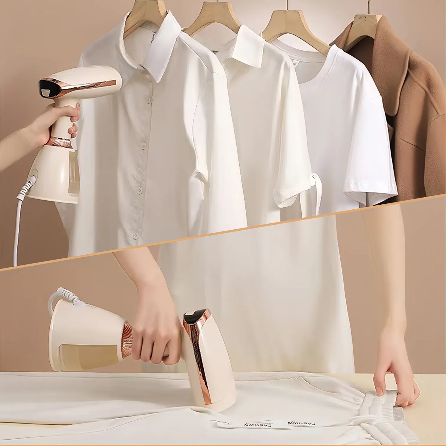 Person using a Bytech Garment Steamer on a white shirt with a beige background