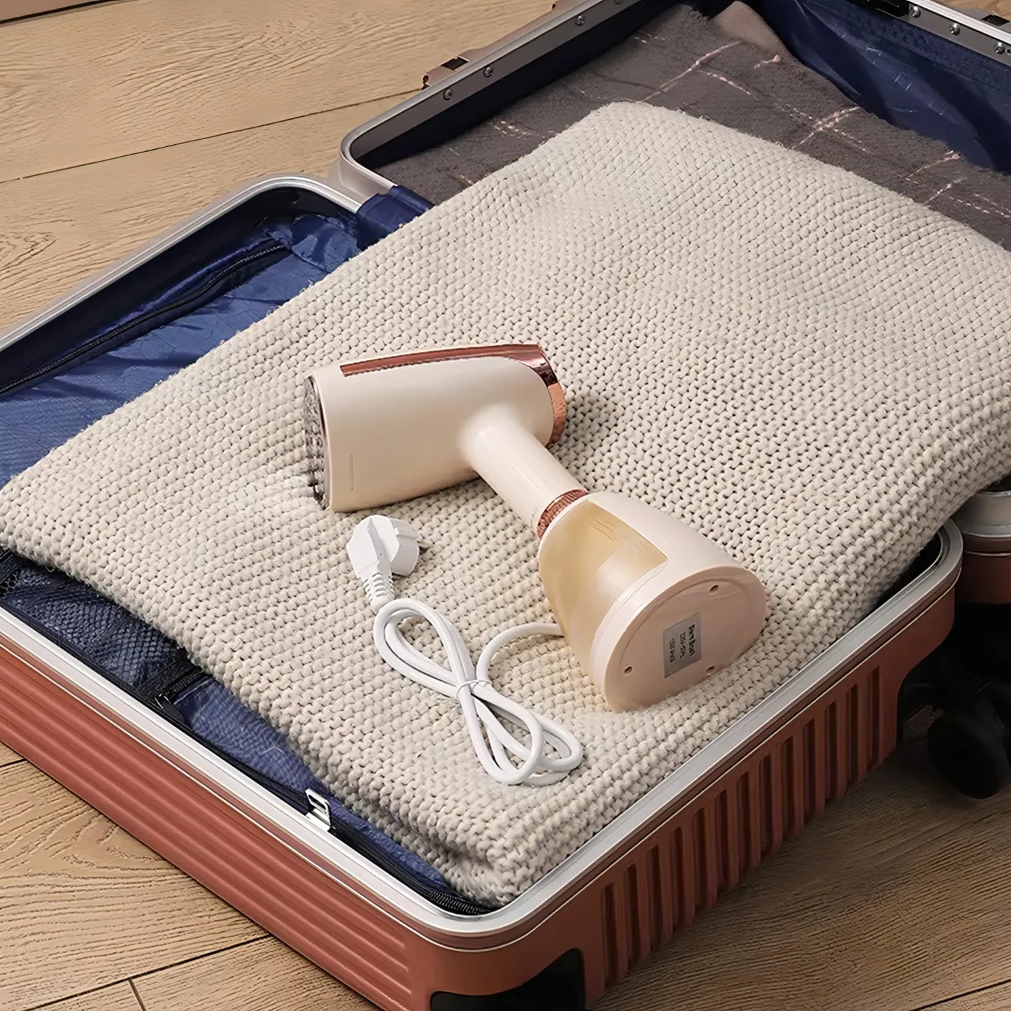 Bytech Garment Steamer with cord on a blanket inside an open suitcase on a wooden floor