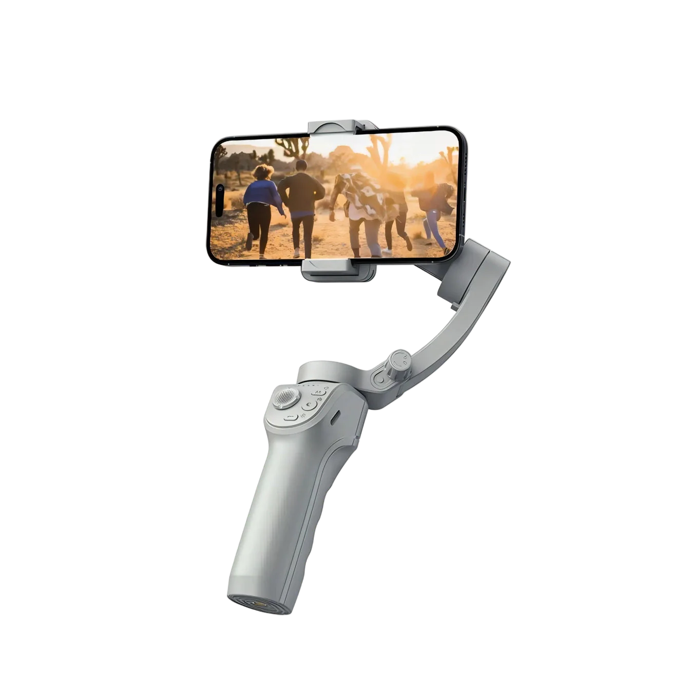 Bytech Gimbal stabilizer with phone attached on a white background