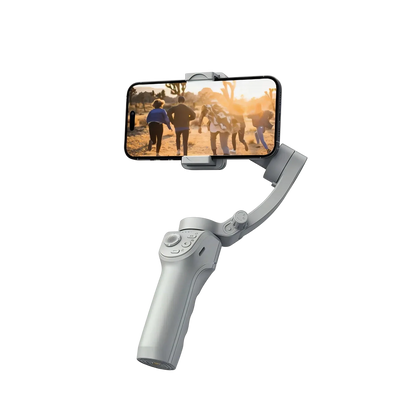 Bytech Gimbal stabilizer with phone attached on a white background