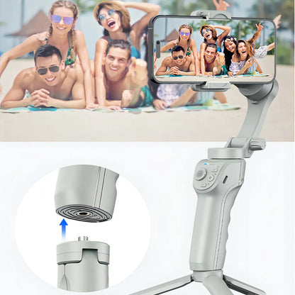 Smartphone held by a Bytech Gimbal with a photo of people on the screen, set against a background of people by a pool.