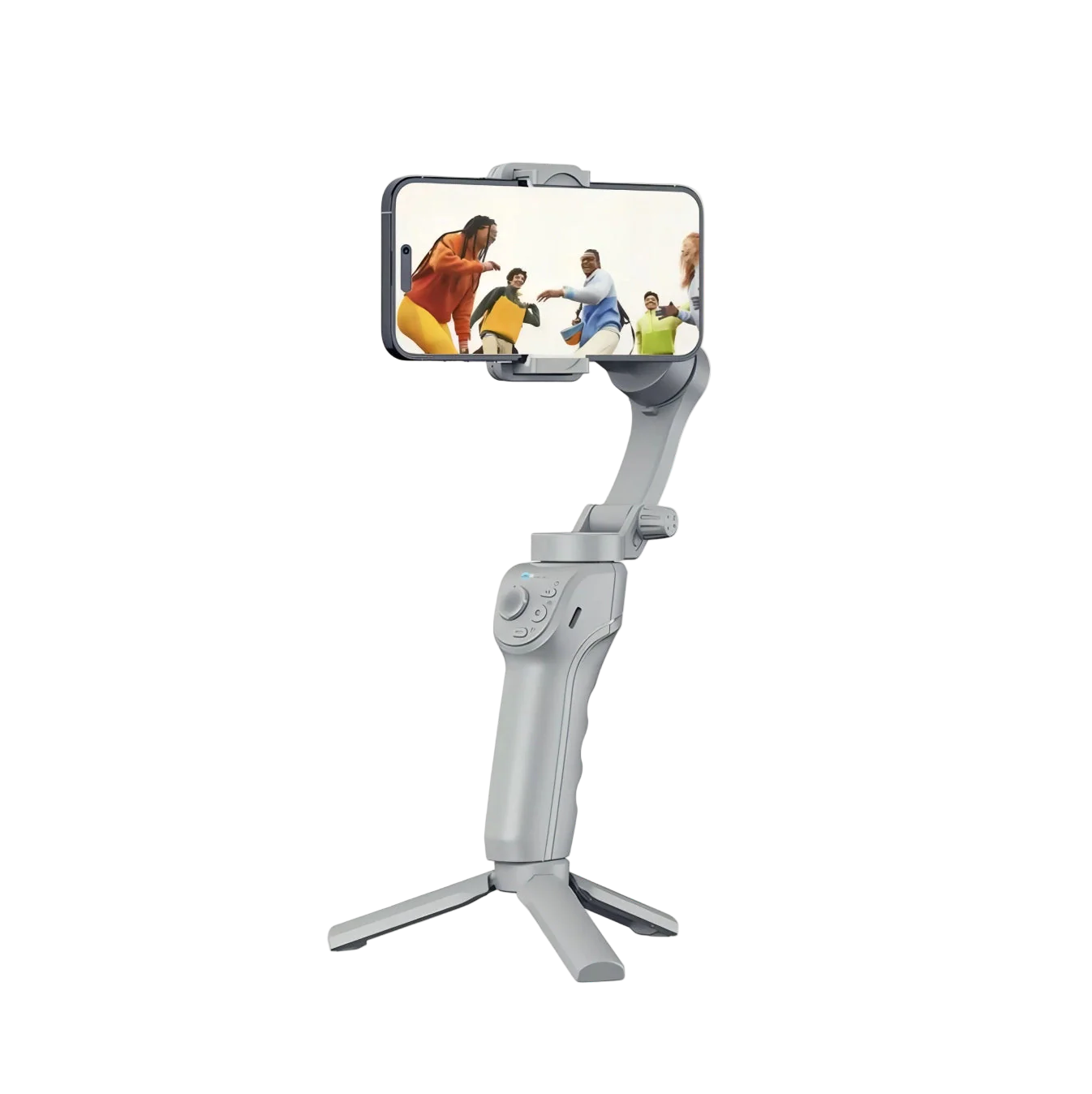 Bytech Gimbal stabilizer with smartphone displaying a sports game on a white background