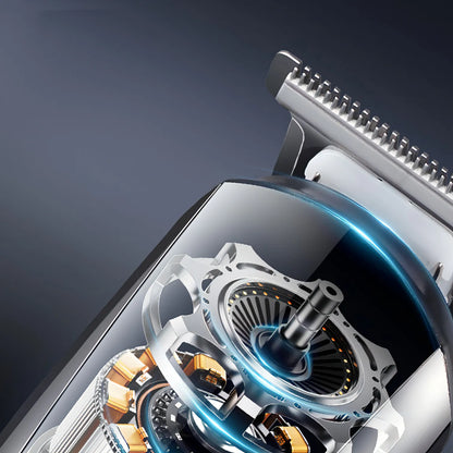 Close-up of a Bytech Hair Clipper mechanism with metallic and blue elements on a dark background