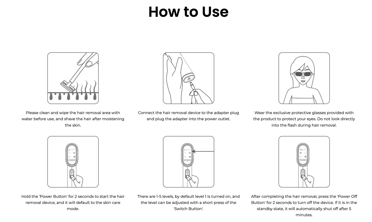 A product instruction sheet titled 'How to Use' with six numbered panels showing how to operate a Bytech IPL Hair Removal, including cleaning the hair area, connecting the device to an adapter, wearing protective glasses, holding the power button to start, adjusting the level, and turning off the device.