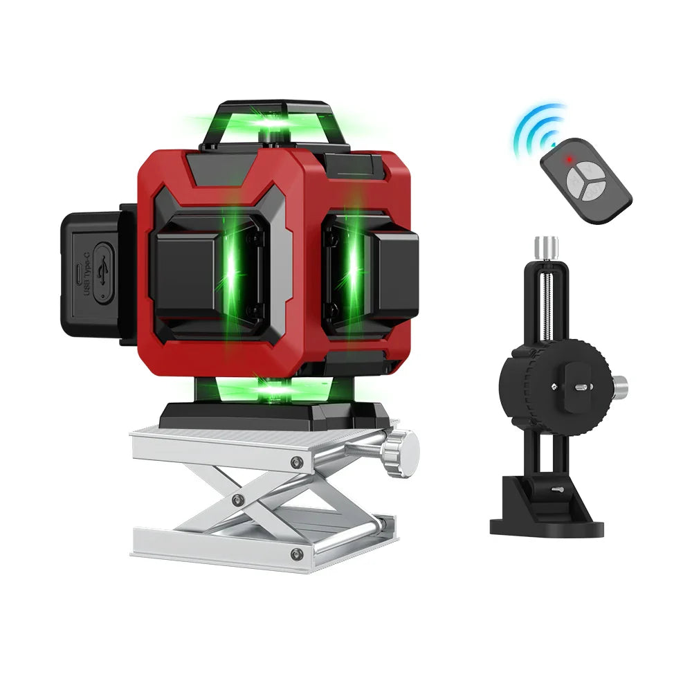 Red Bytech Laser Level with green beams, remote control, and adjustable stand on a white background