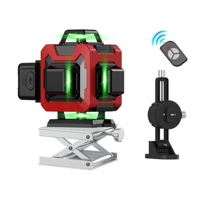 Red Bytech Laser Level with green beams, remote control, and adjustable stand on a white background