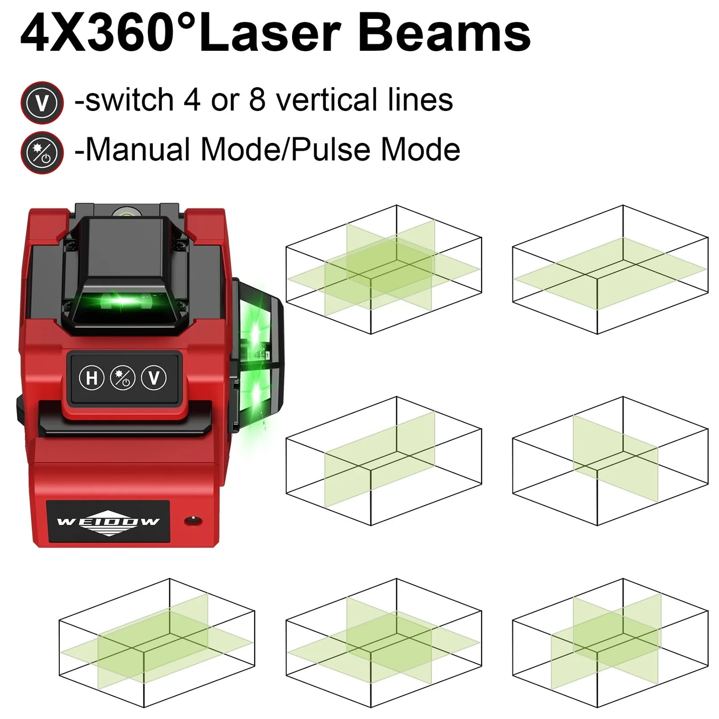 Bytech Laser Level with green laser beams and switch options on a white background