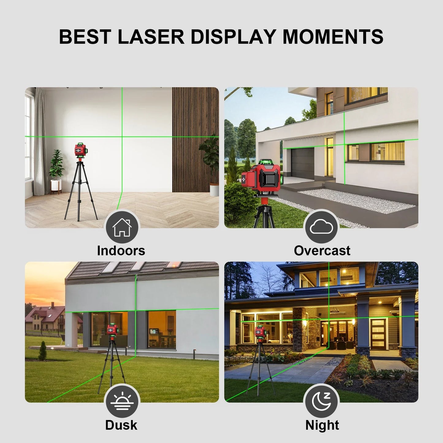 Collage of laser display moments indoors, overcast, dusk, and night with a red Bytech Laser Level on a tripod.