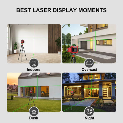 Collage of laser display moments indoors, overcast, dusk, and night with a red Bytech Laser Level on a tripod.