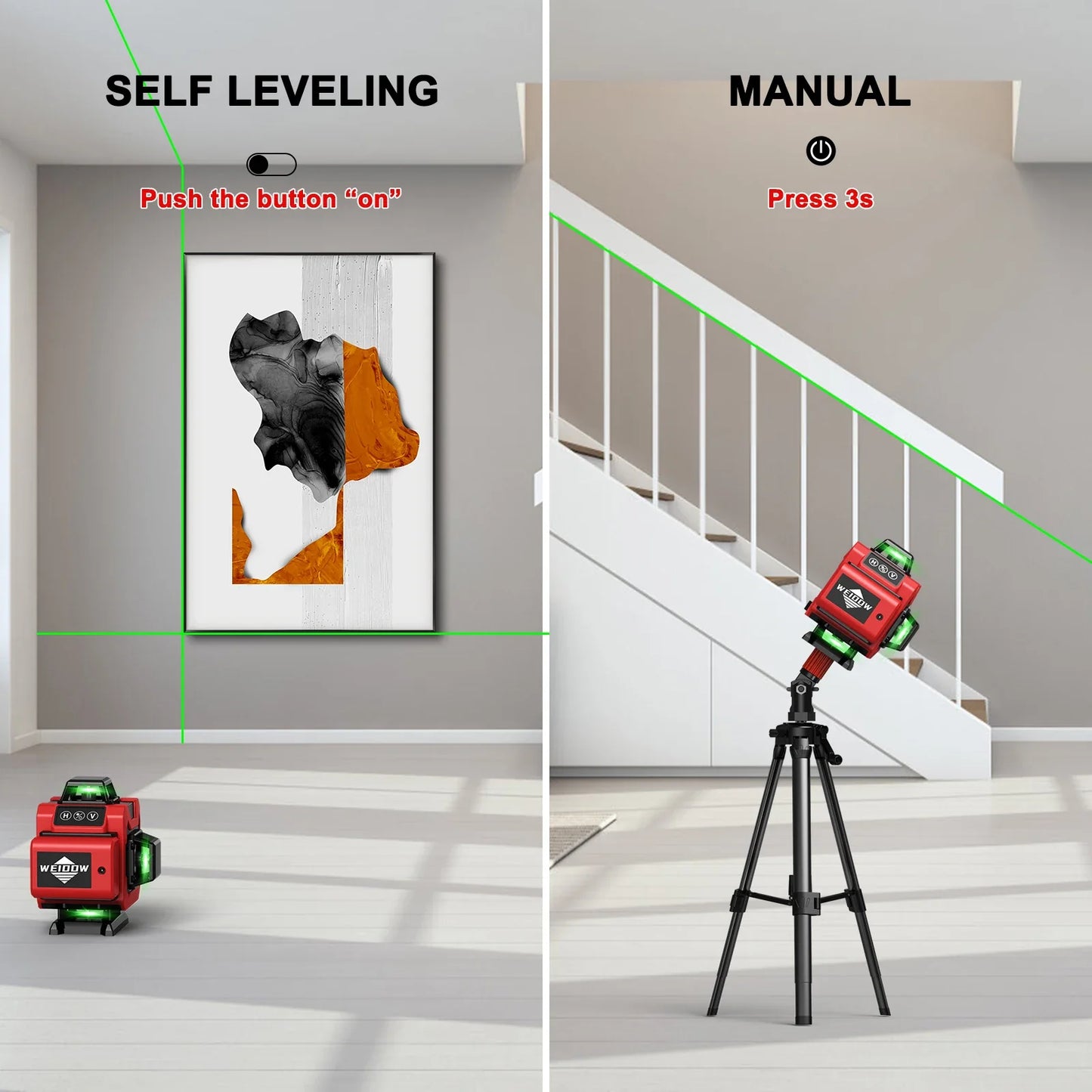 Two scenarios showing a Bytech Laser Level device in use for self-leveling and manual settings.