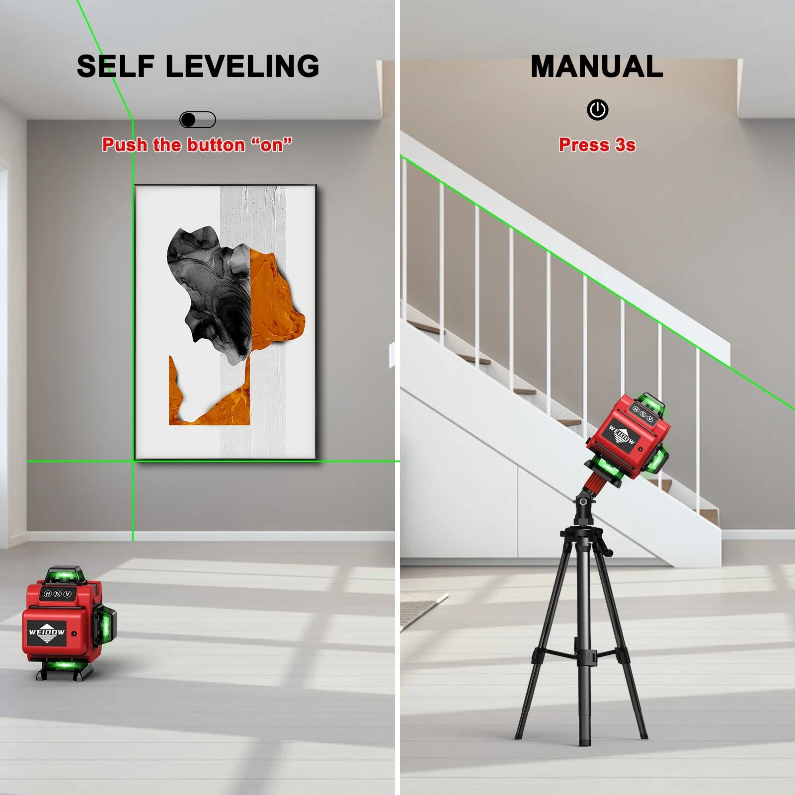 Two scenarios showing a Bytech Laser Level device in use for self-leveling and manual settings.