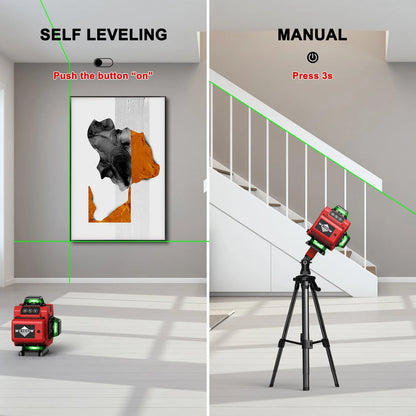 Two scenarios showing a Bytech Laser Level device in use for self-leveling and manual settings.