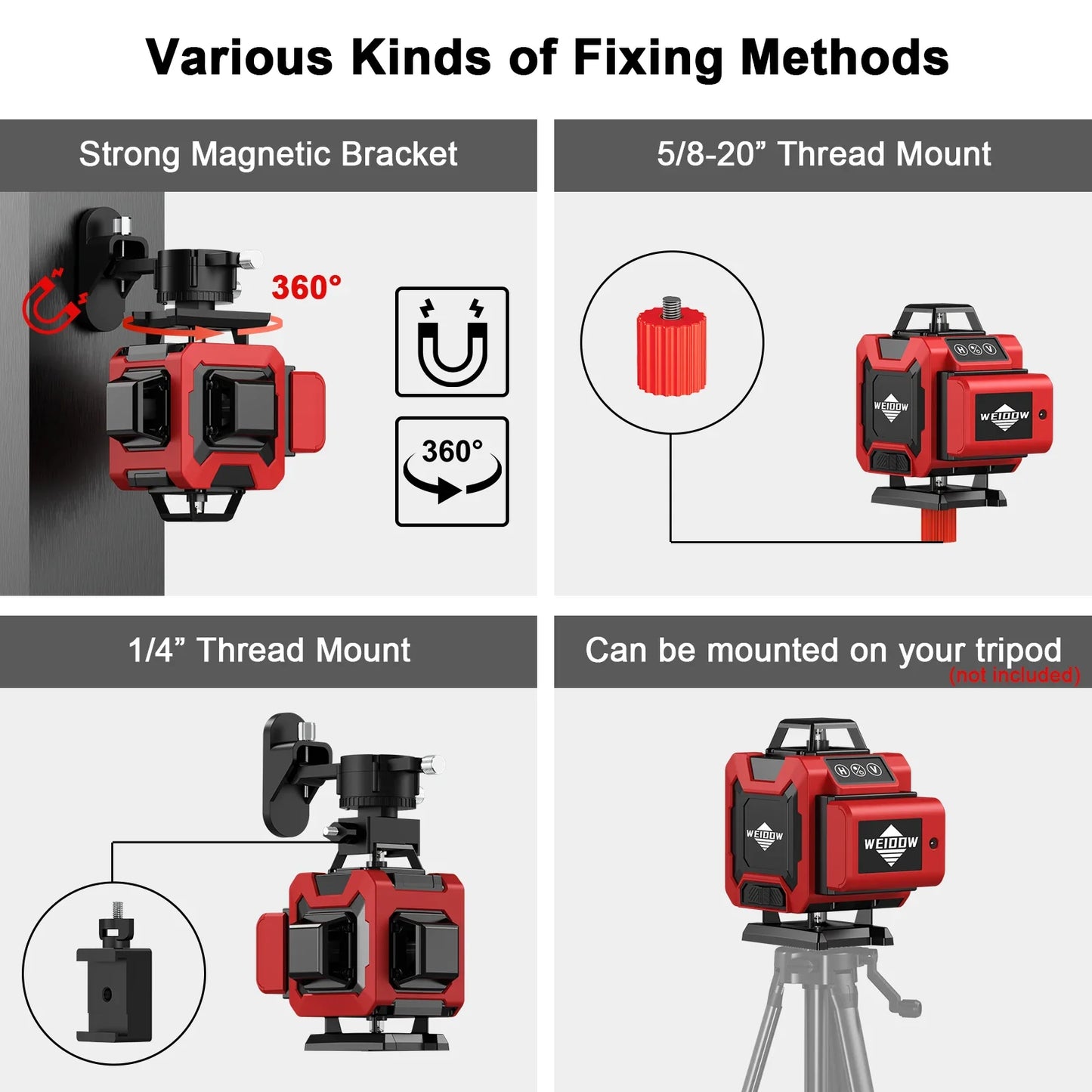 Diagram showing various fixing methods for a red Bytech Laser Level with text labels.