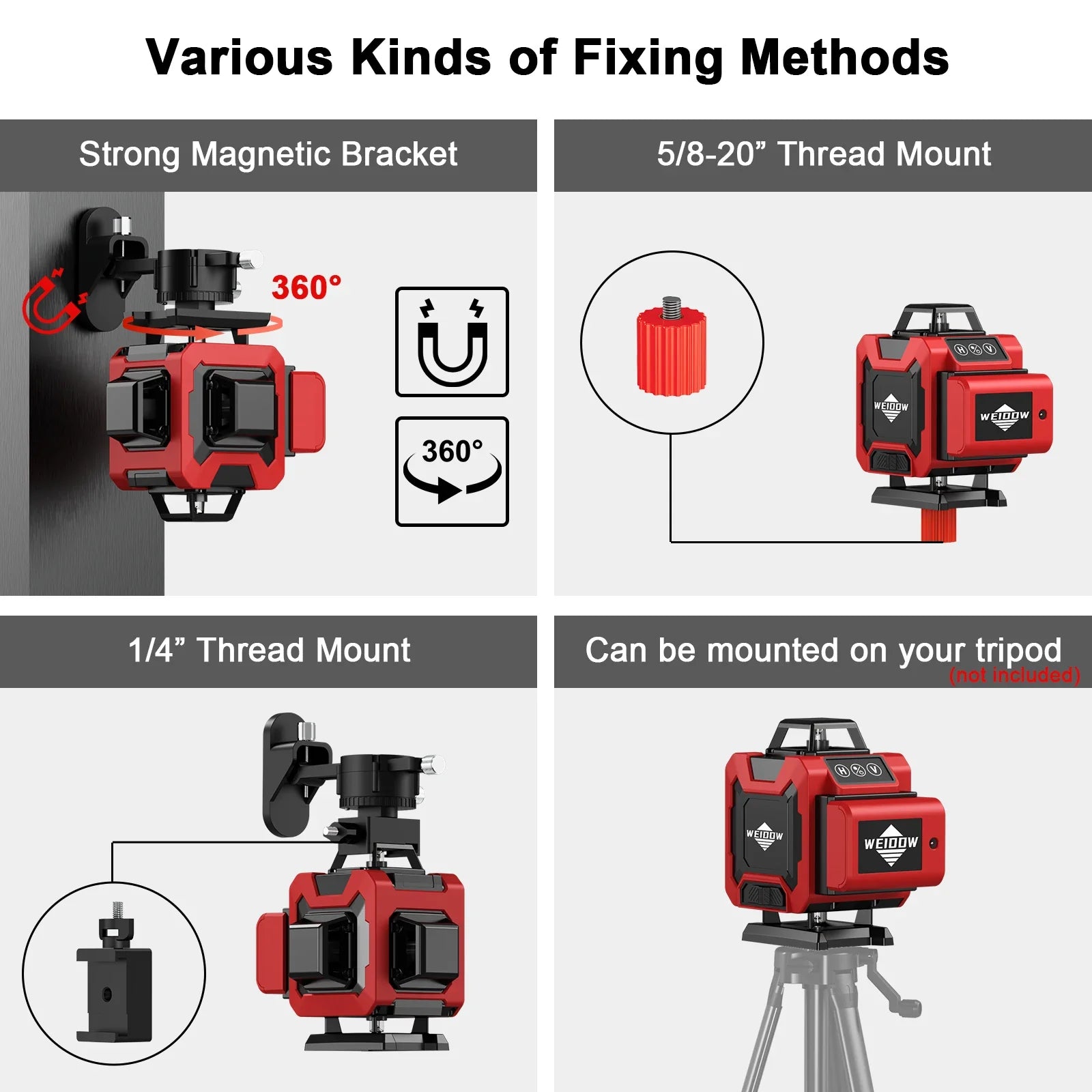Diagram showing various fixing methods for a red Bytech Laser Level with text labels.