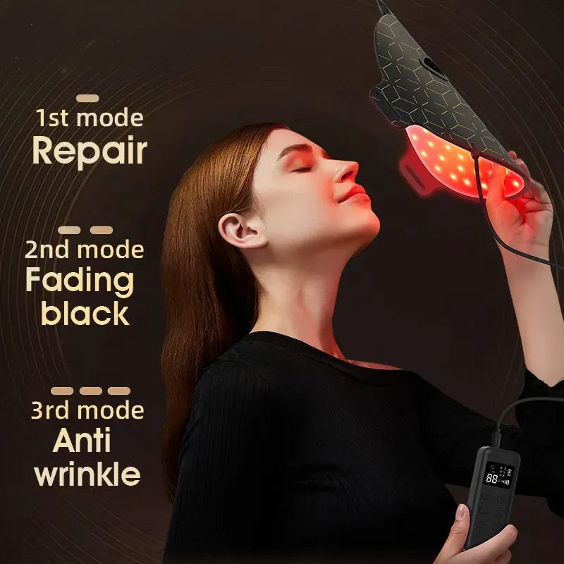Person using a Bytech Led Face Mask on their face with text indicating repair, fading black, and anti-wrinkle modes.