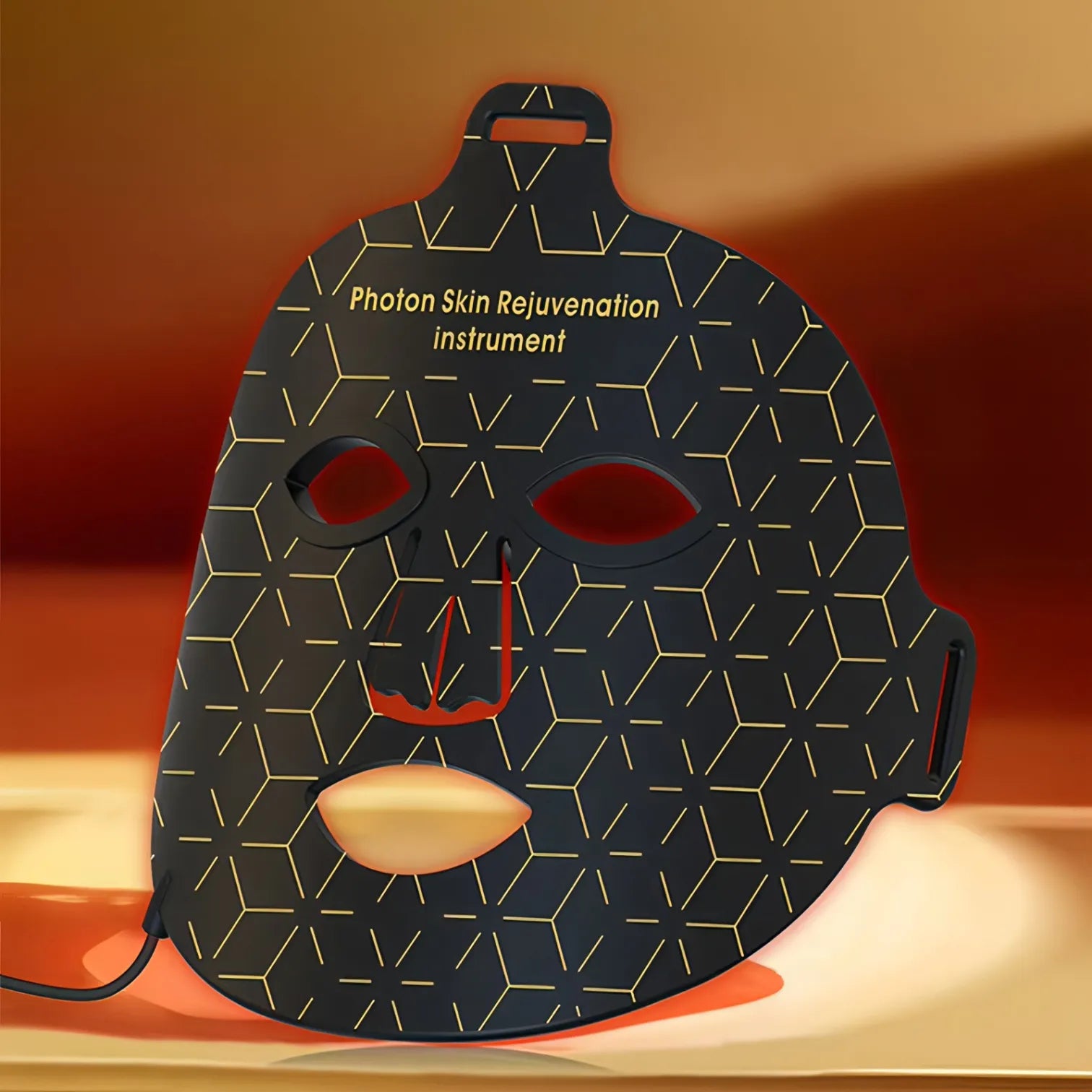 Bytech Led Face Mask with geometric design on a warm background