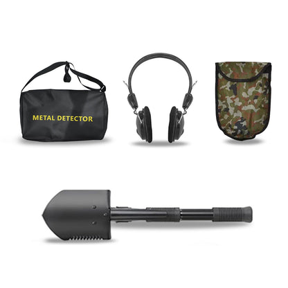 Bytech Metal Detector set with headphones, carrying bag, and shovel on a white background