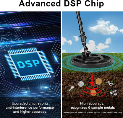 Bytech Metal Detector with DSP chip feature, showing electronic component and detection in soil.