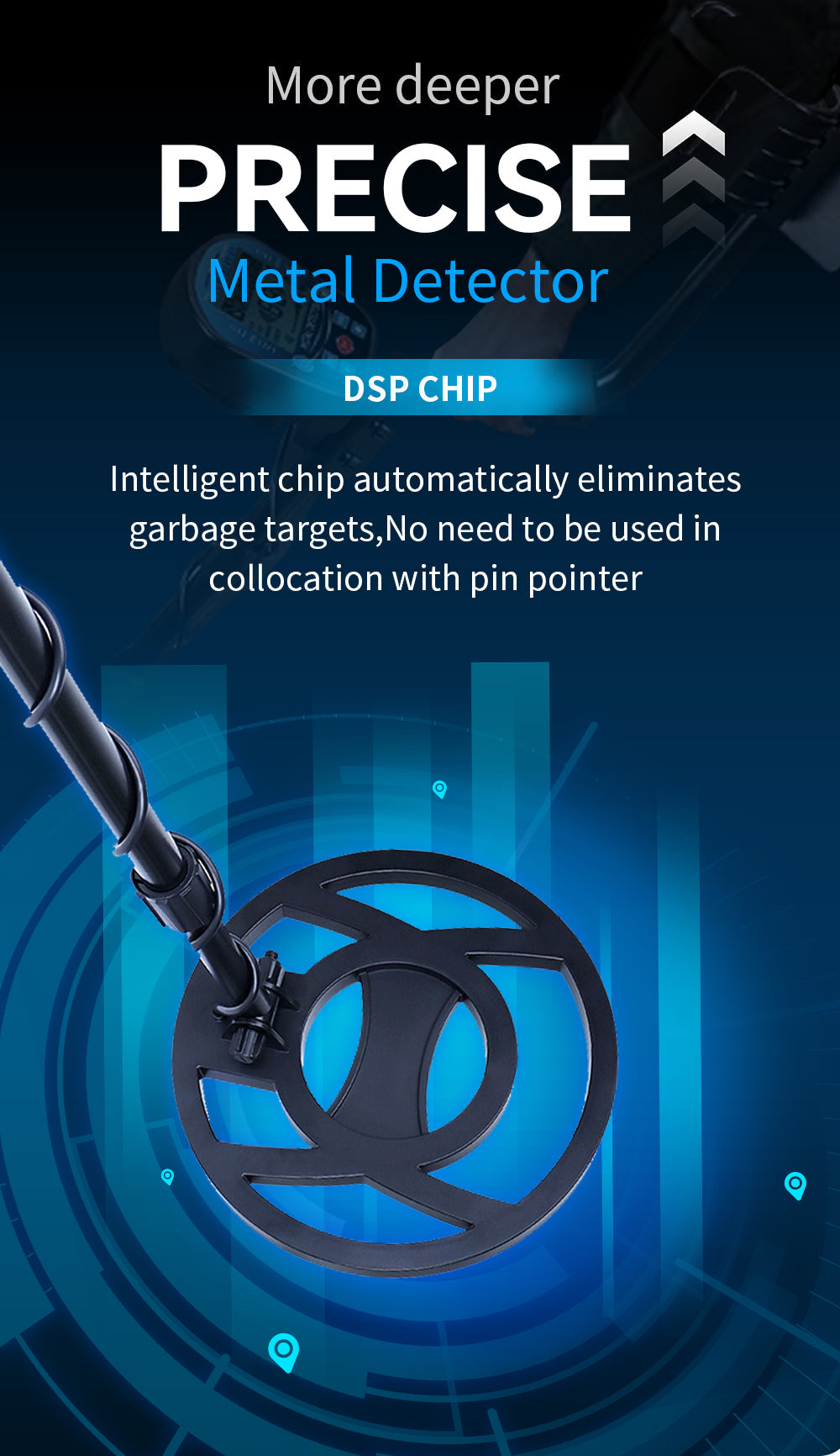 Bytech Metal Detector with DSP chip on a blue and black background