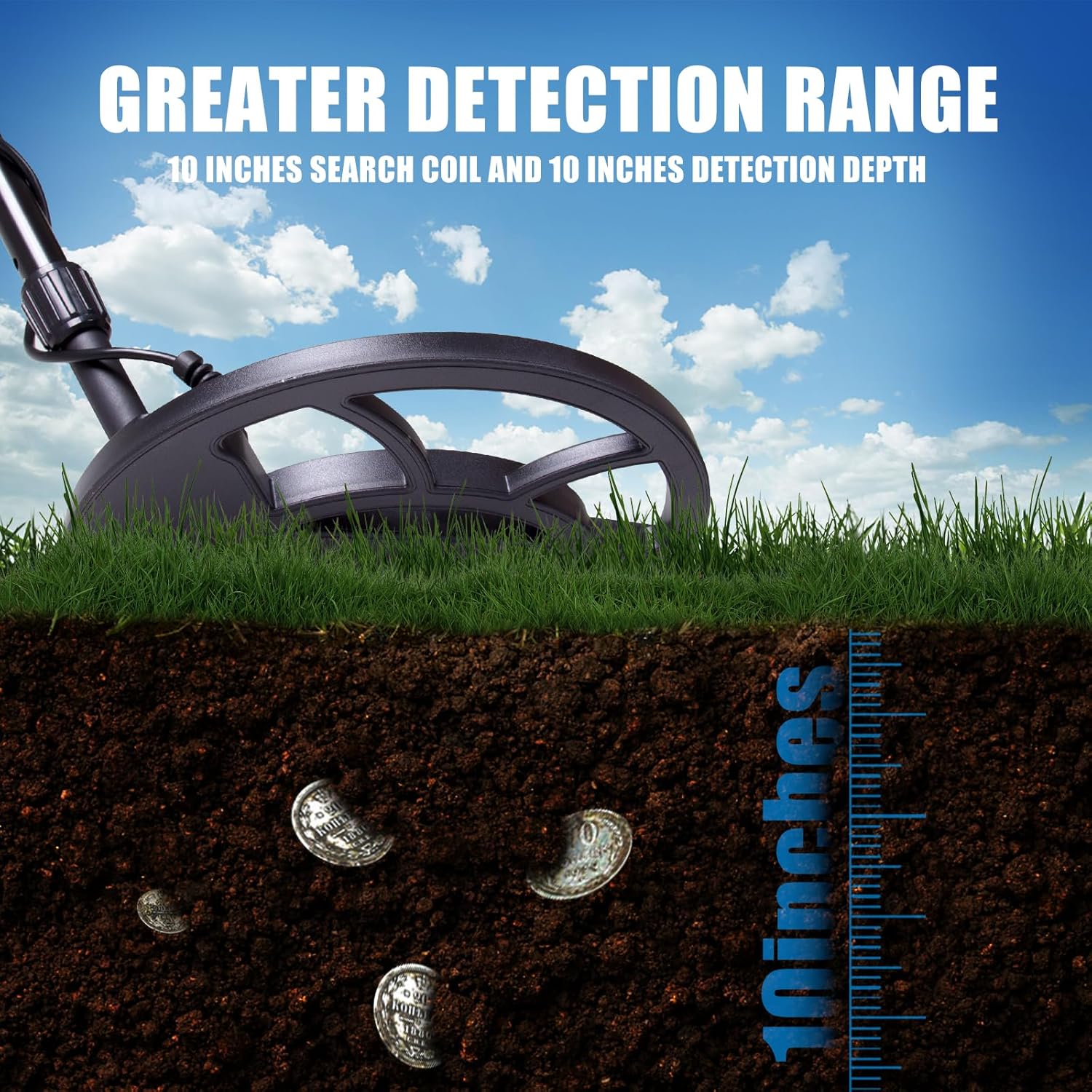 Bytech Metal Detector on grass with soil cross-section showing coins and measurement scale, against a blue sky.