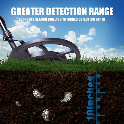 Bytech Metal Detector on grass with soil cross-section showing coins and measurement scale, against a blue sky.