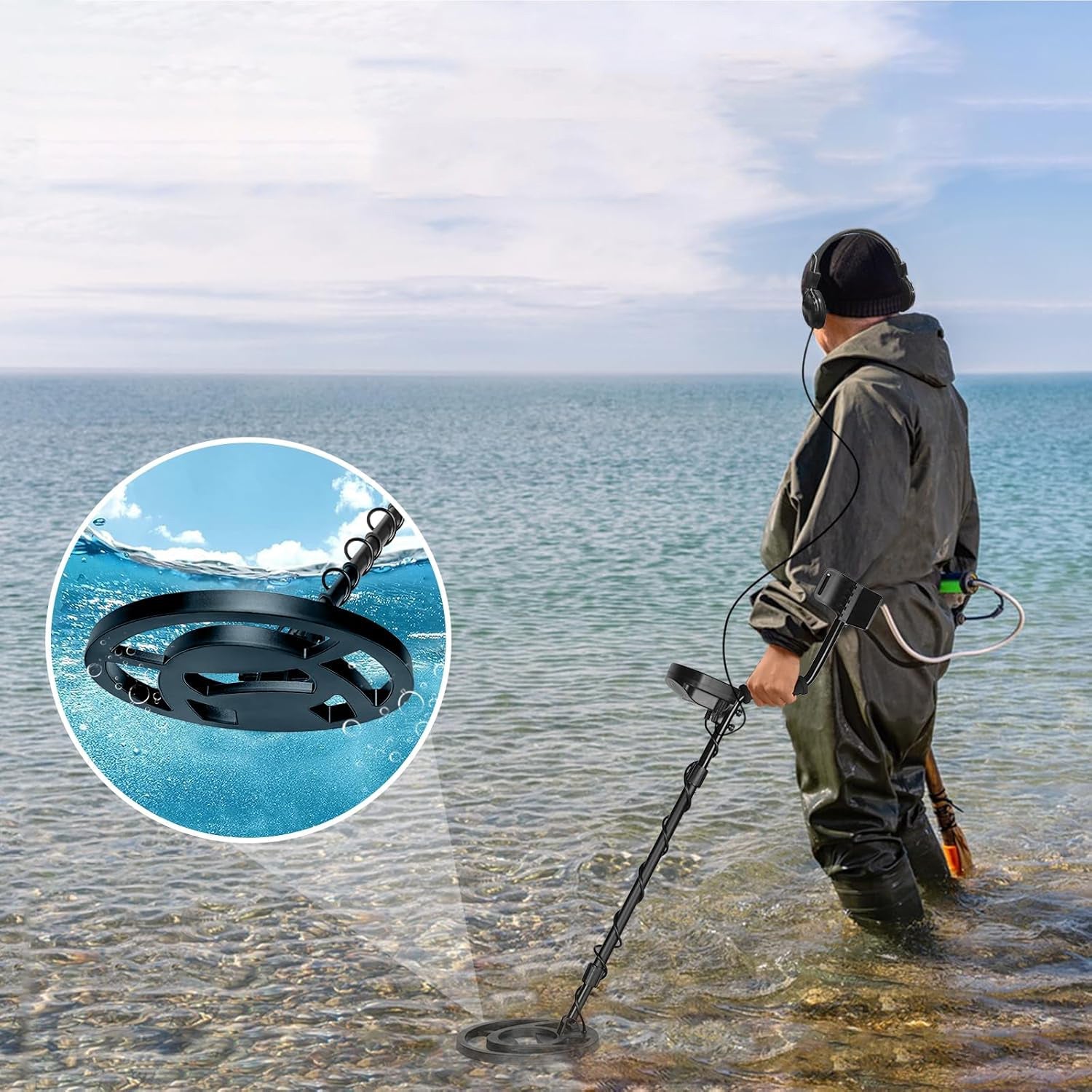 Person using a Bytech Metal Detector in shallow water with an inset showing underwater view.