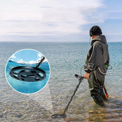 Person using a Bytech Metal Detector in shallow water with an inset showing underwater view.