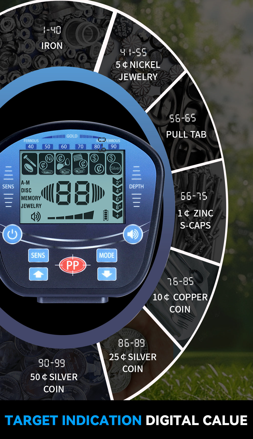 Bytech Metal Detector Digital device with a circular gauge displaying various values on a dark background