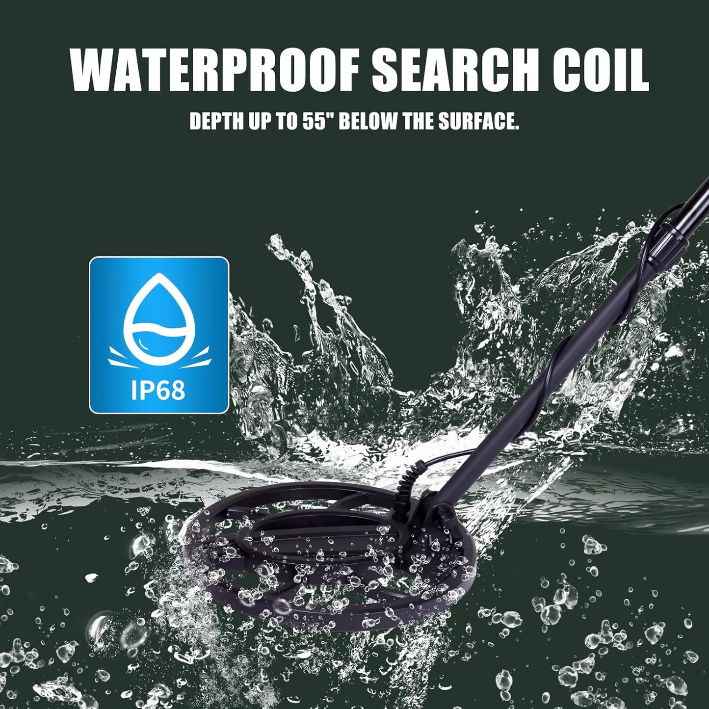 Bytech Metal Detector Waterproof search coil with water splashes and IP68 rating symbol on a dark background