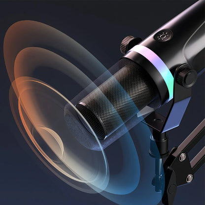 Close-up of a Bytech Microphone with RGB lighting on a dark background