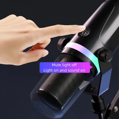 Hand pointing to a button on a Bytech Microphone with RGB lighting, labeled 'Mute light off, Light on and sound on'.