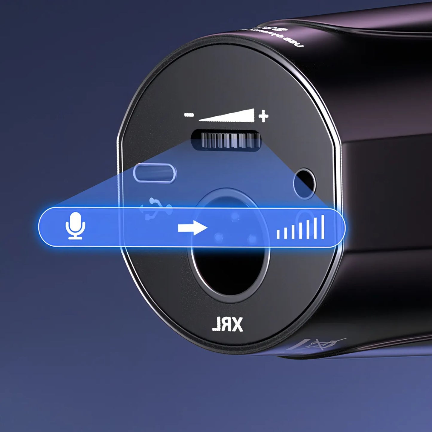 Close-up of a black Bytech Microphone with control buttons on a dark blue background