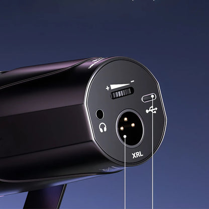 Close-up of a black Bytech Microphone with labeled ports on a dark blue background
