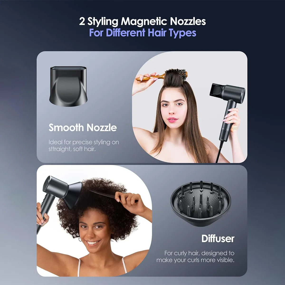 Bytech Negative Ion Hair Dryers for hair with images of a woman using a hair dryer and a diffuser.